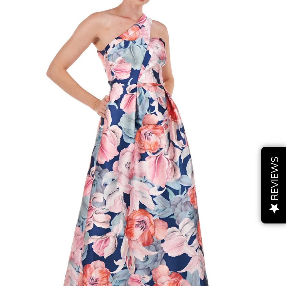 Kay Unger Pink and Blue Pleated One Shoulder Dress